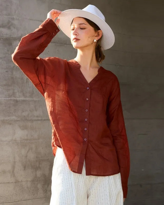 Ramie V-Neck Button-Down Shirt