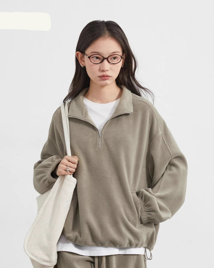 Granular Velvet Stand-Collar Zip Top