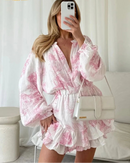 Print Long-Sleeve High-Waist Mini Dress