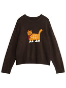 Cartoon Cat Appliqué Knit Sweater
