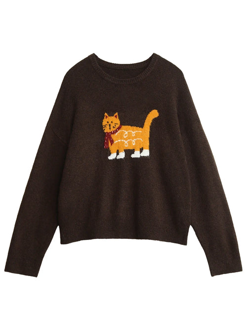 Cartoon Cat Appliqué Knit Sweater