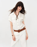 Loose V-Neck Rolled-Up Sleeve Shirt