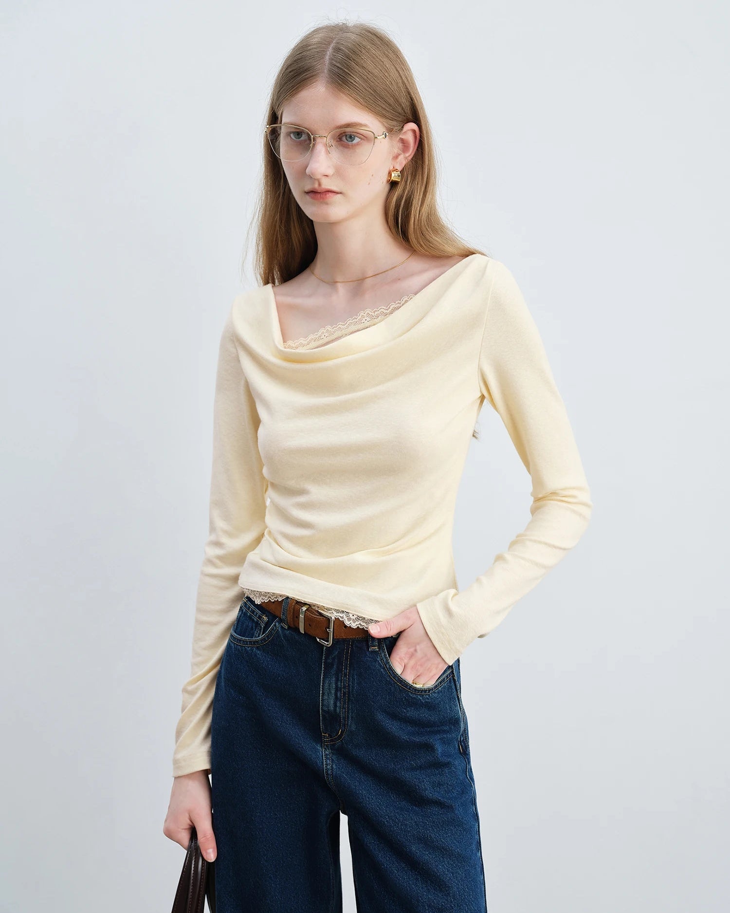 Lace-Trimmed Asymmetrical Neckline Knit T-Shirt