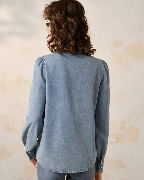 Ruffled Stand-Up Collar Denim Shirt