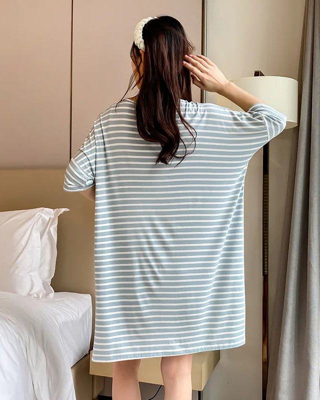 Modal Stripe Short Sleeve V-Neck Sleep Dress