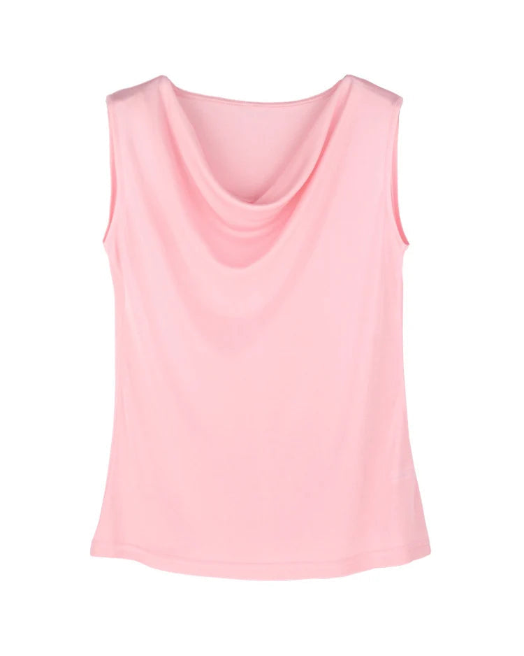 Silk-Viscose Draped Collar Sleeveless Tank Top