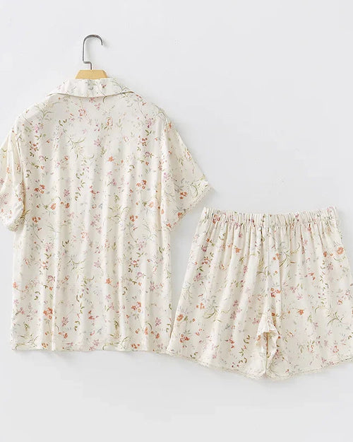 Satin Willow Print Short Sleeve Shirt & Shorts Pajama Set