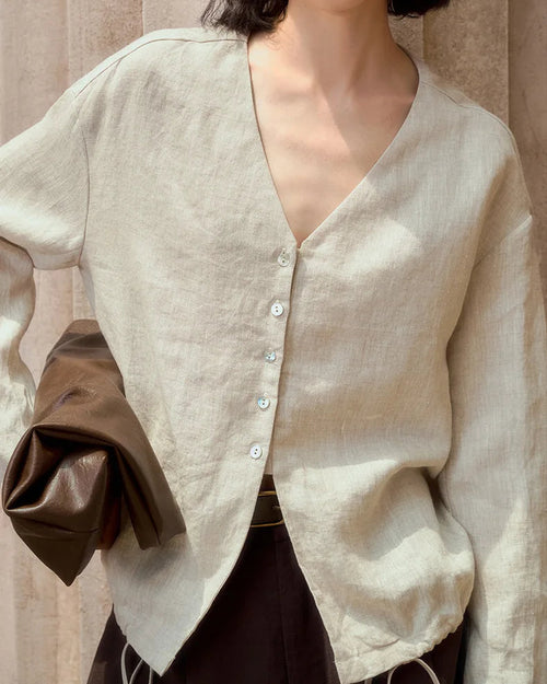 Linen V-Neck Button-Up Longline Shirt