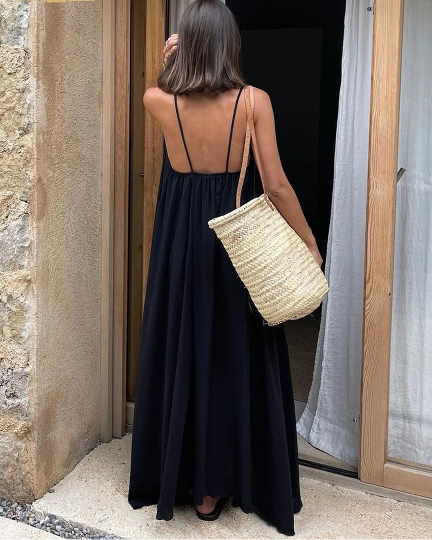 Rayon Spaghetti-Strap Backless Maxi Dress