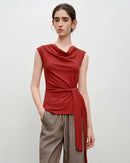 Pleated V-Neck Sleeveless Knit T-Shirt