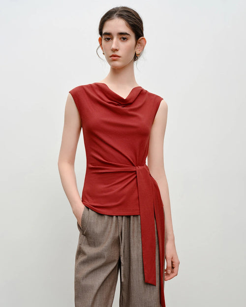Pleated V-Neck Sleeveless Knit T-Shirt