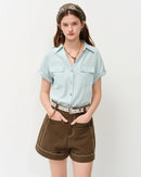 Loose V-Neck Rolled-Up Sleeve Shirt