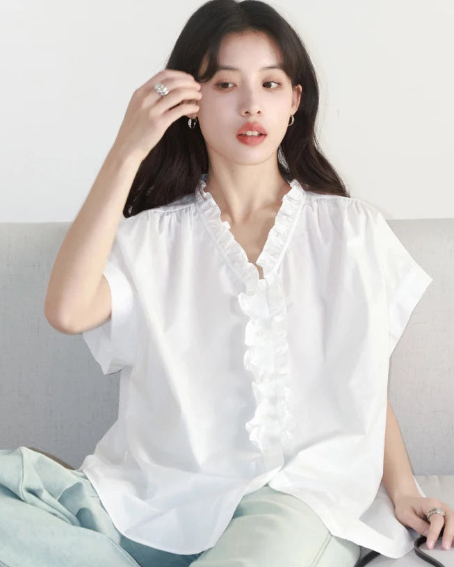Loose V-Neck Ruffled Pure Cotton Shirt