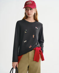 Puppy Embroidered Fleece-Lined Long Sleeve Tee