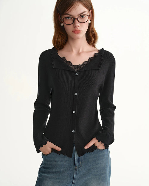 V-Neck Single-Breasted Ribbed Knit Cardigan
