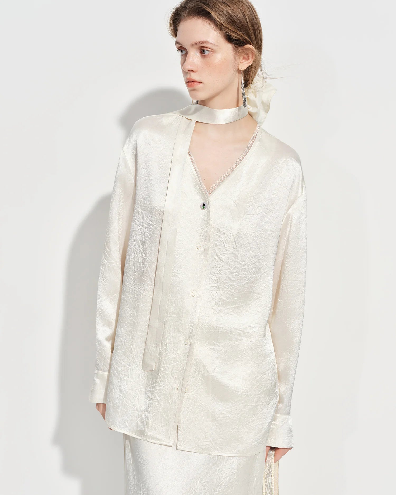 Elegant V-Neck Satin Long-Sleeve Shirt