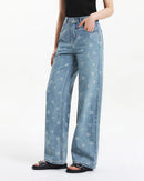 Floral Cotton Wide-Leg Denim Trousers