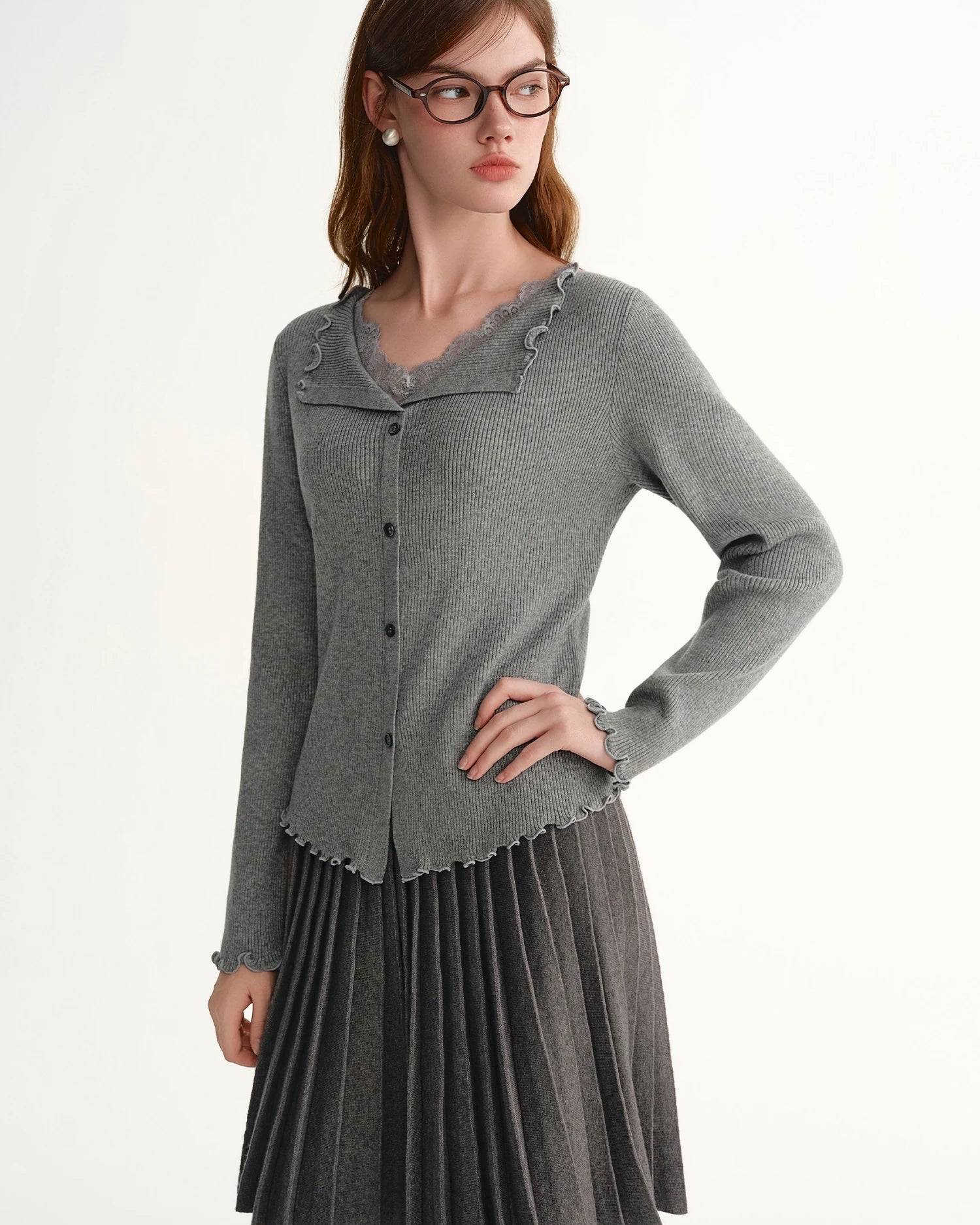 V-Neck Single-Breasted Ribbed Knit Cardigan