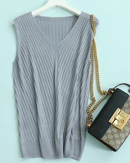 Silk-Lyocell V-Neck Knit Sleeveless Tank Top