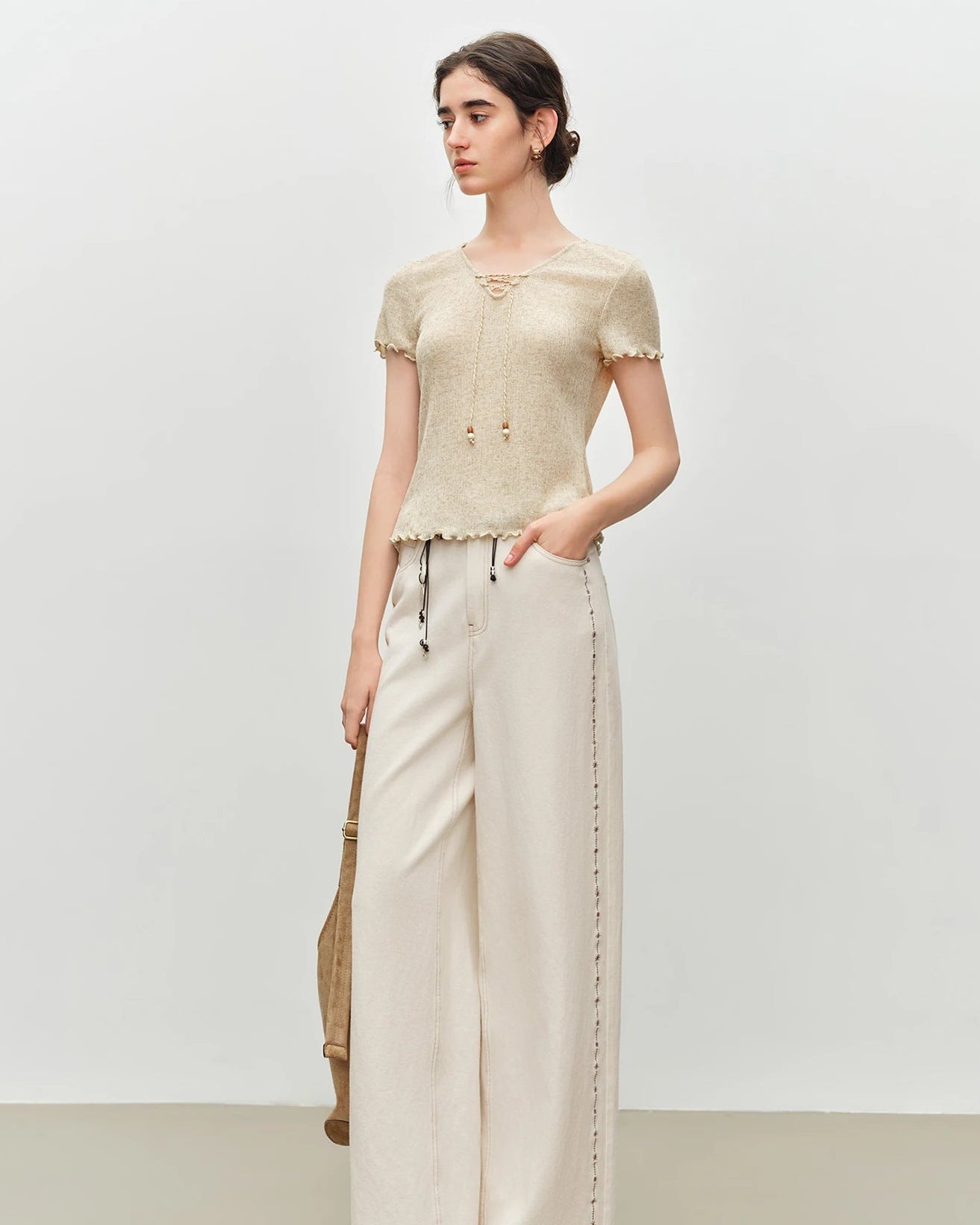 Beaded V-Neck Tie-Front Knit T-Shirt