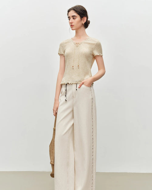 Beaded V-Neck Tie-Front Knit T-Shirt