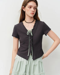 Cotton Bow-Tie Lace Mock Two-Piece Knit Top