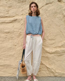 Linen Drawstring Crew Neck Cropped Vest