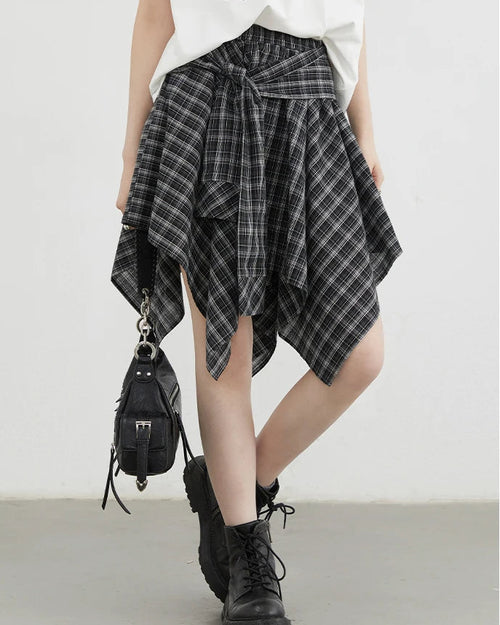 Plaid Asymmetric A-Line Cotton Midi Skirt