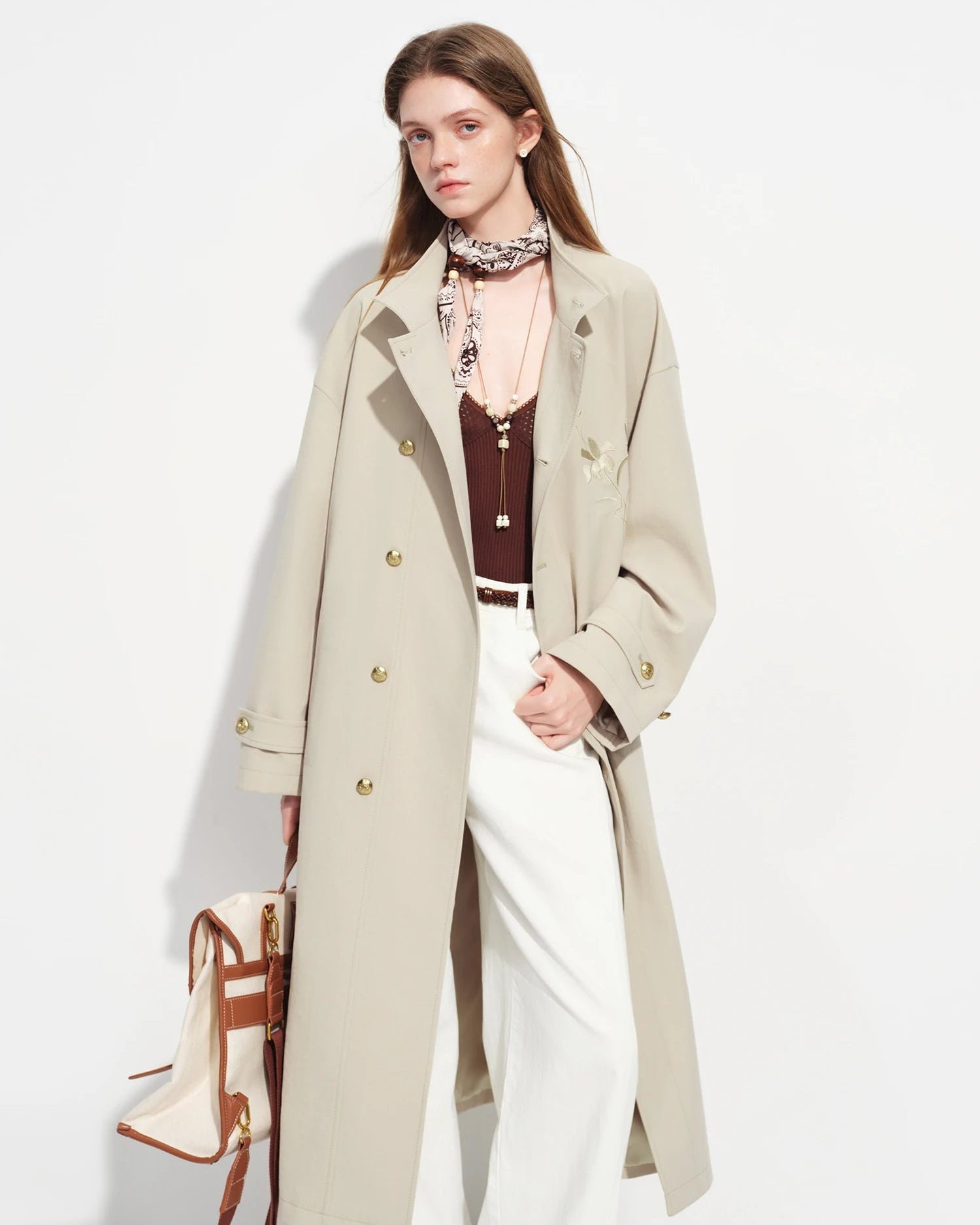 Embroidered Stand-Collar Long Trench Coat