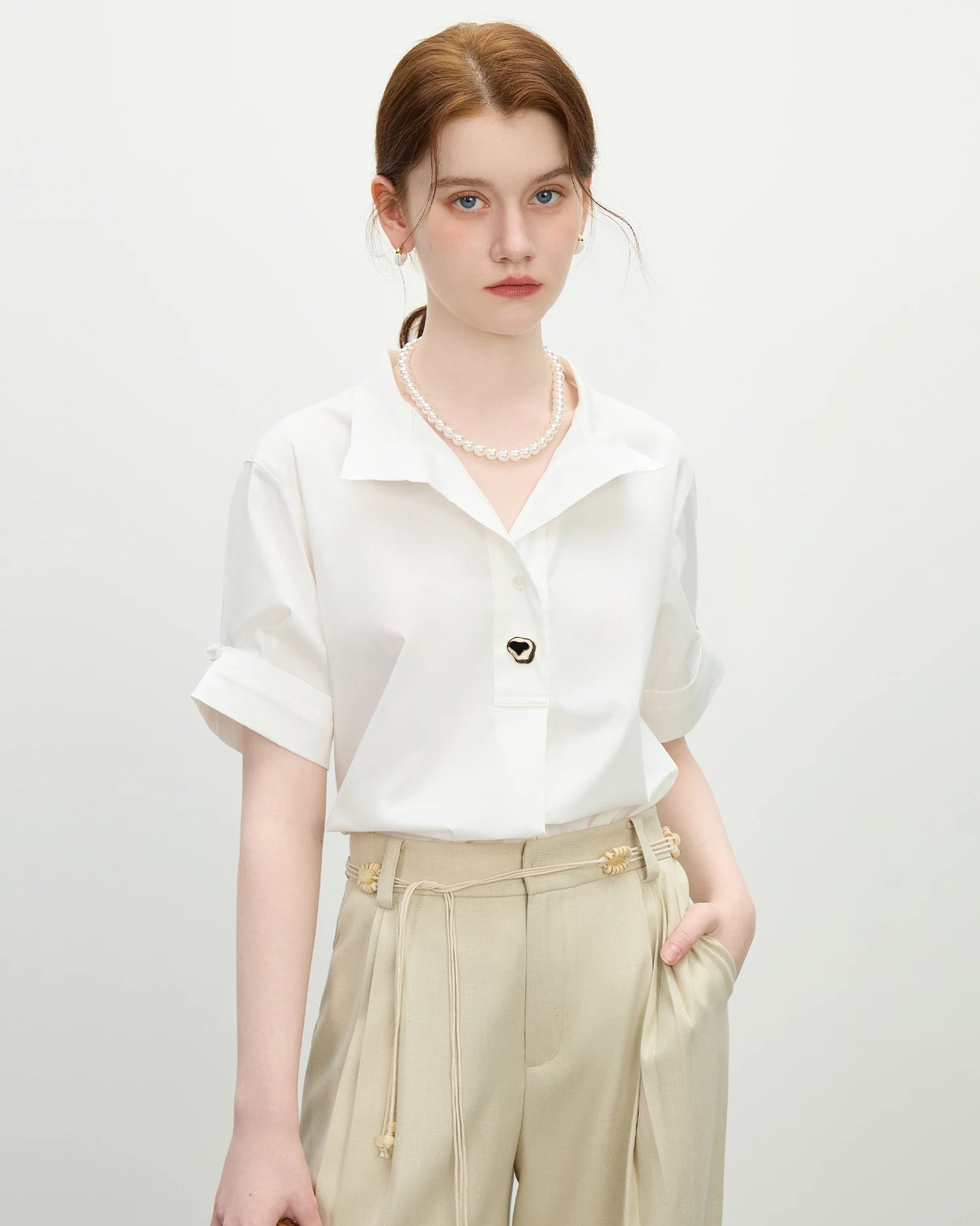 Lightweight cotton-nylon blend collared short-sleeved shirt featuring a French turn-down collar and slim fit, perfect for breathable office wear or casual summer street style in white or sky blue.
