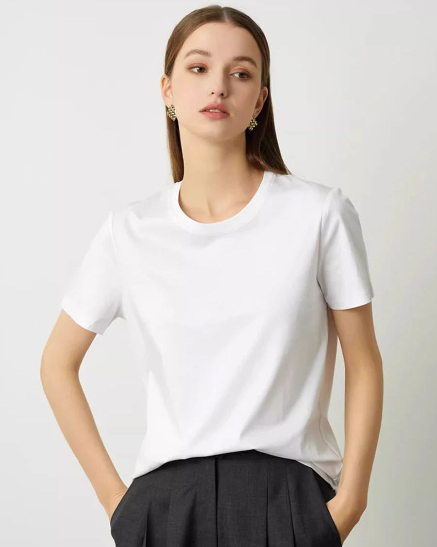 10% silk, 58% cotton & 32% modal O-neck short sleeve tee. Soft, breathable jersey knit in 9 candy colours, sizes S–XXL.