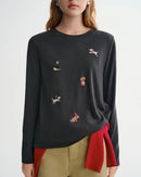 Puppy Embroidered Fleece-Lined Long Sleeve Tee