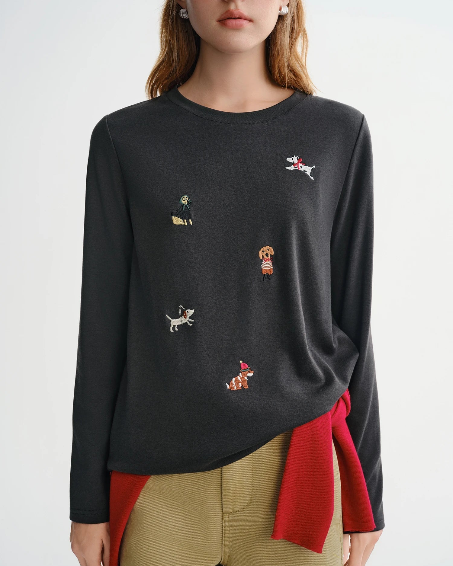 Puppy Embroidered Fleece-Lined Long Sleeve Tee