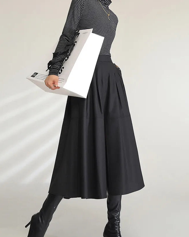 Casual High-Waisted Belted Pocket A-Line Slit Skirt
