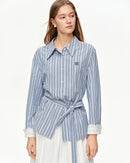 Jacquard stripe blouse with lace trim, stand collar & tie waist in cotton-polyester blend. Slim, polished fit for casual and office spring-summer wear.