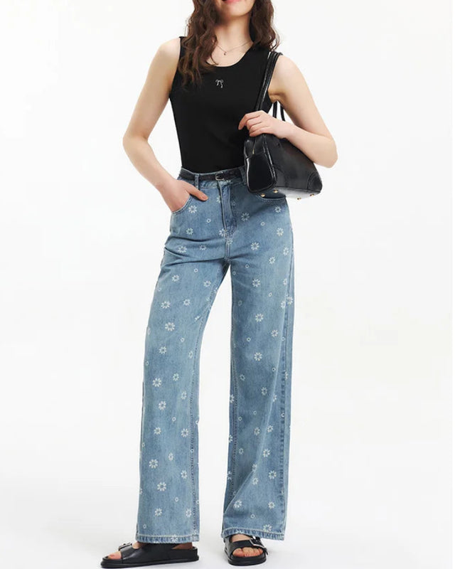 Floral Cotton Wide-Leg Denim Trousers