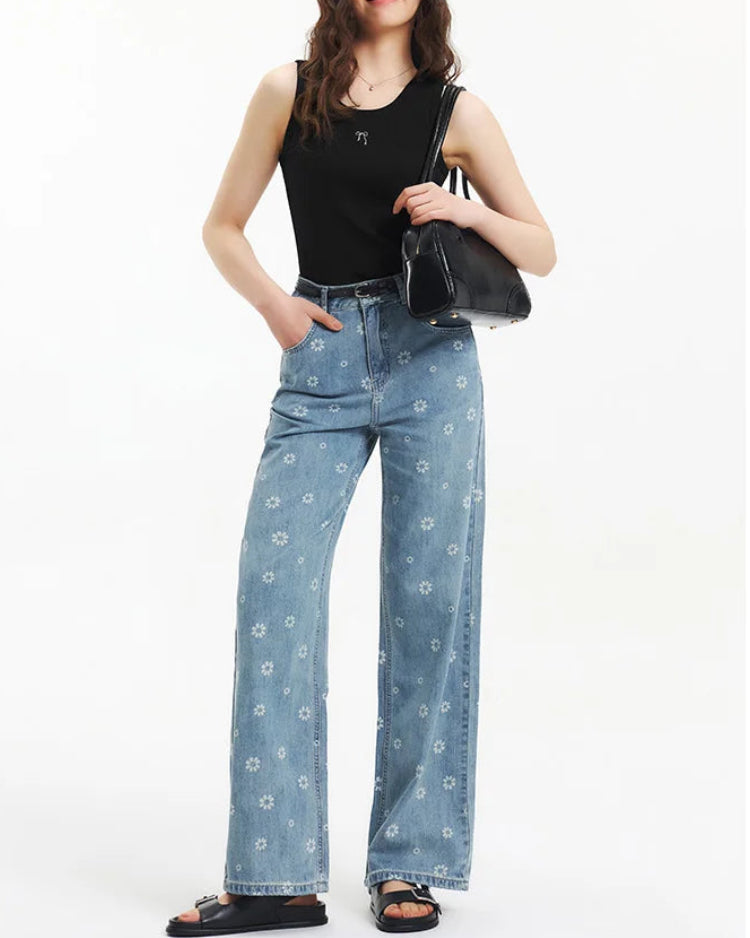 Floral Cotton Wide-Leg Denim Trousers