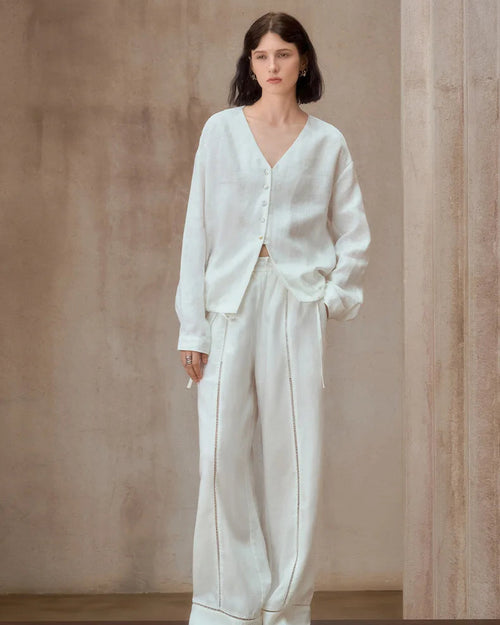Linen V-Neck Button-Up Longline Shirt