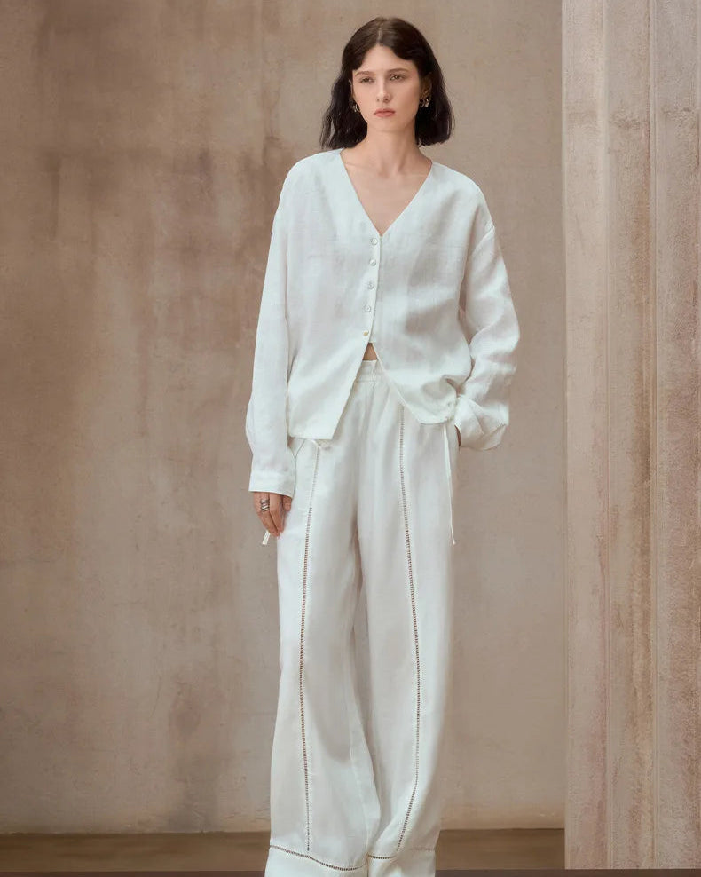 Linen V-Neck Button-Up Longline Shirt