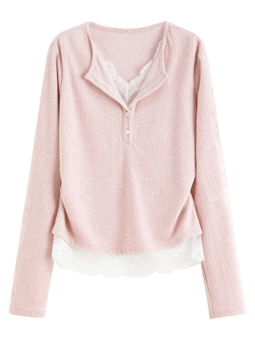 Lace-Trimmed V-Neck Knit Sweater
