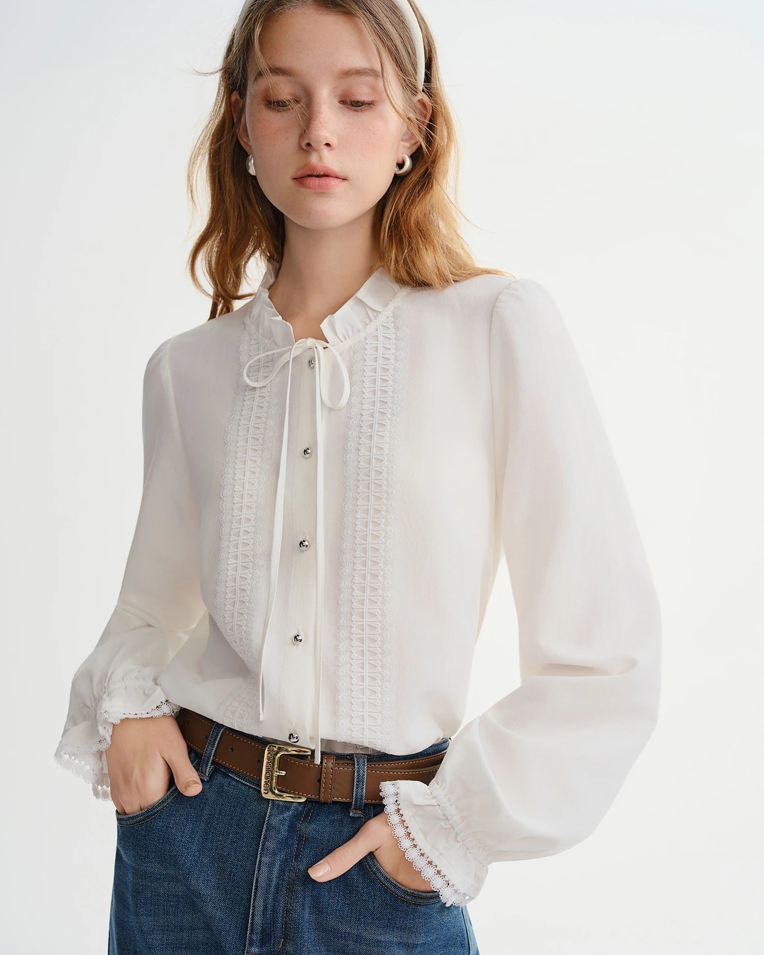 Butterfly Sleeve Half-Collar Tie-Front Blouse