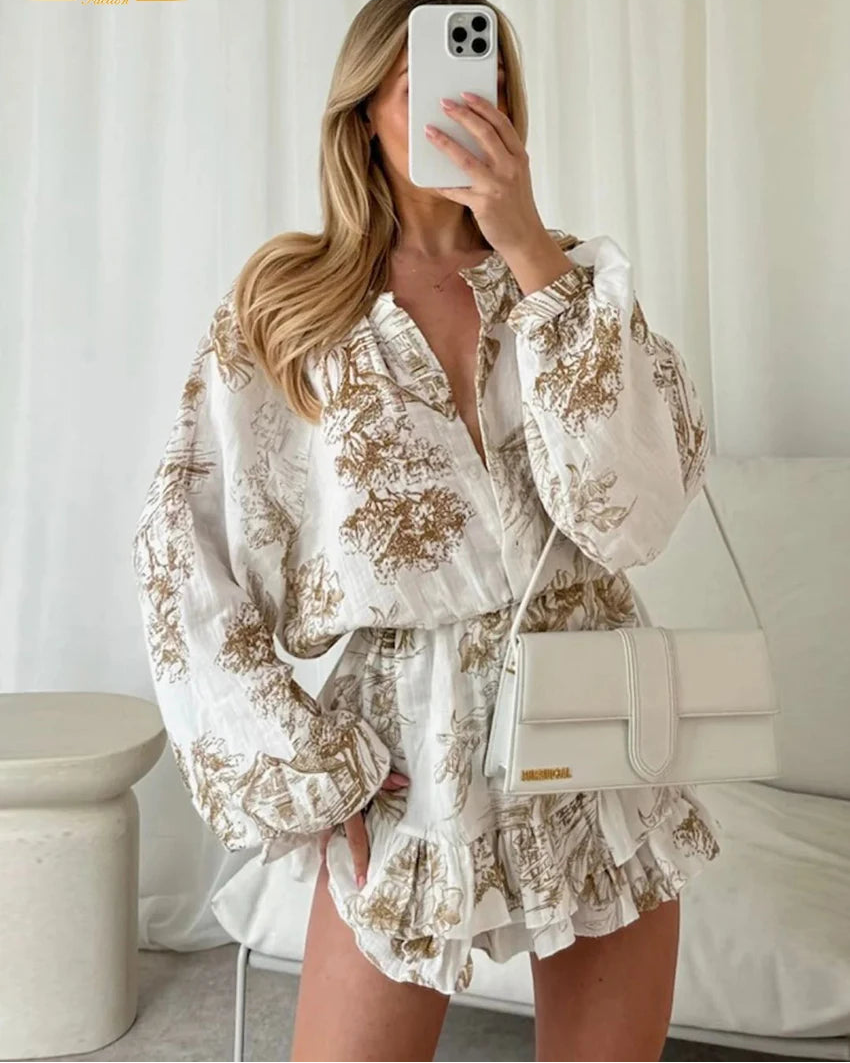 Print Long-Sleeve High-Waist Mini Dress