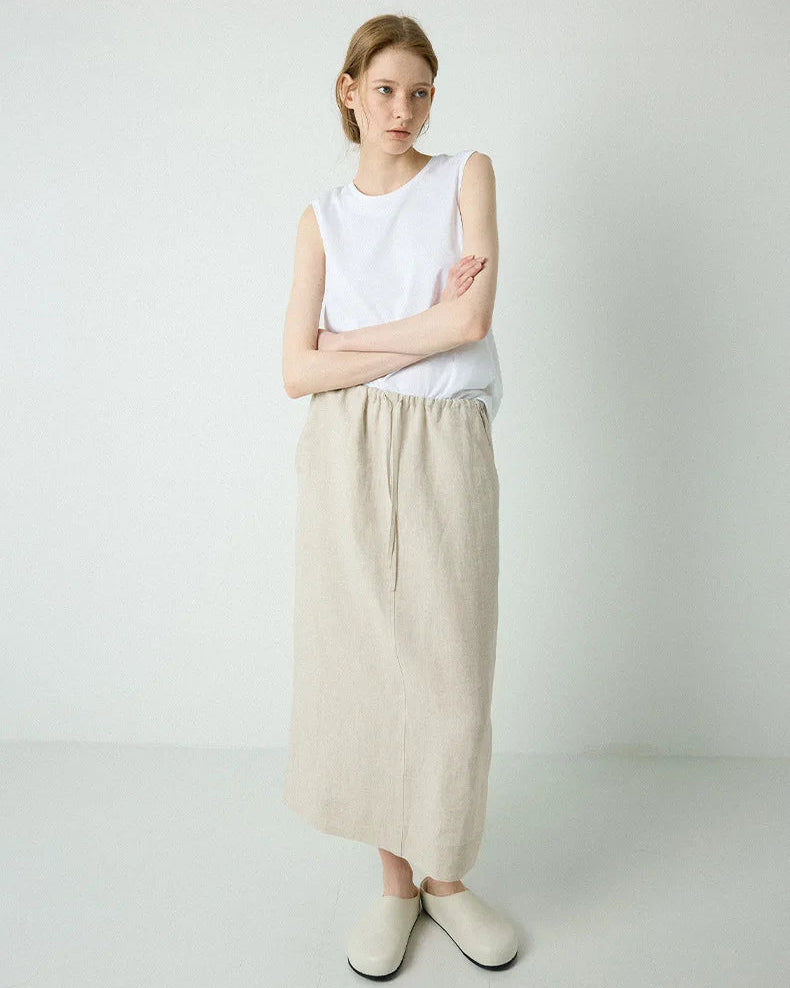 Loose-Fit Linen A-Line Skirt With Tie Waist
