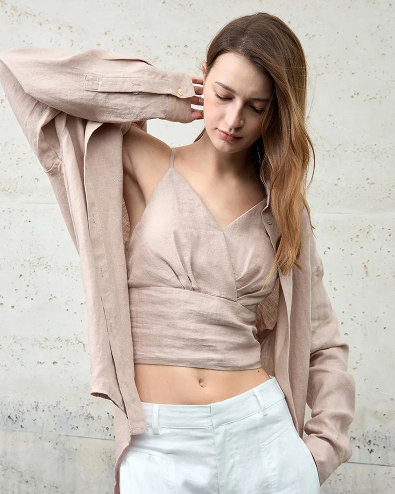 Linen V-Neck Spaghetti Strap Cropped Vest