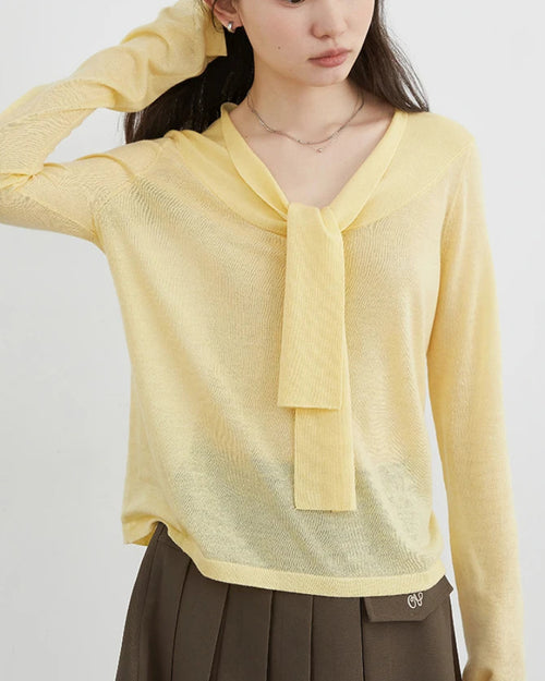 V-Neck Lace-Up Knit Pullover Sweater