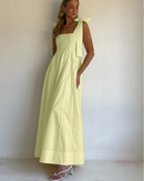 Square Neck Pleated Cotton Maxi Dress