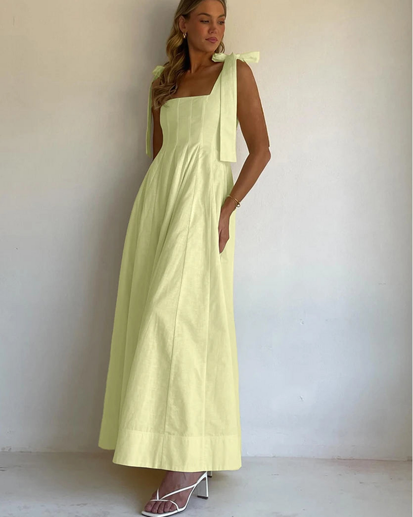 Square Neck Pleated Cotton Maxi Dress