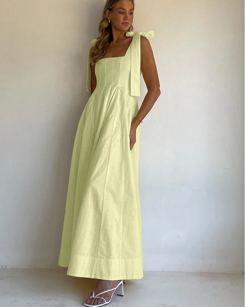 Square Neck Pleated Cotton Maxi Dress