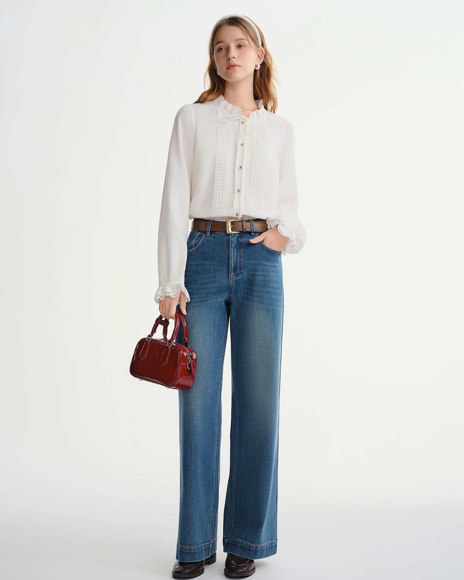 Butterfly Sleeve Half-Collar Tie-Front Blouse