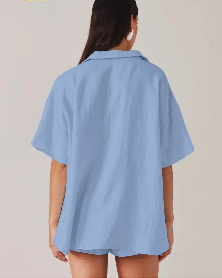 Cotton Half-Sleeve Shirt & High-Waist Shorts Set